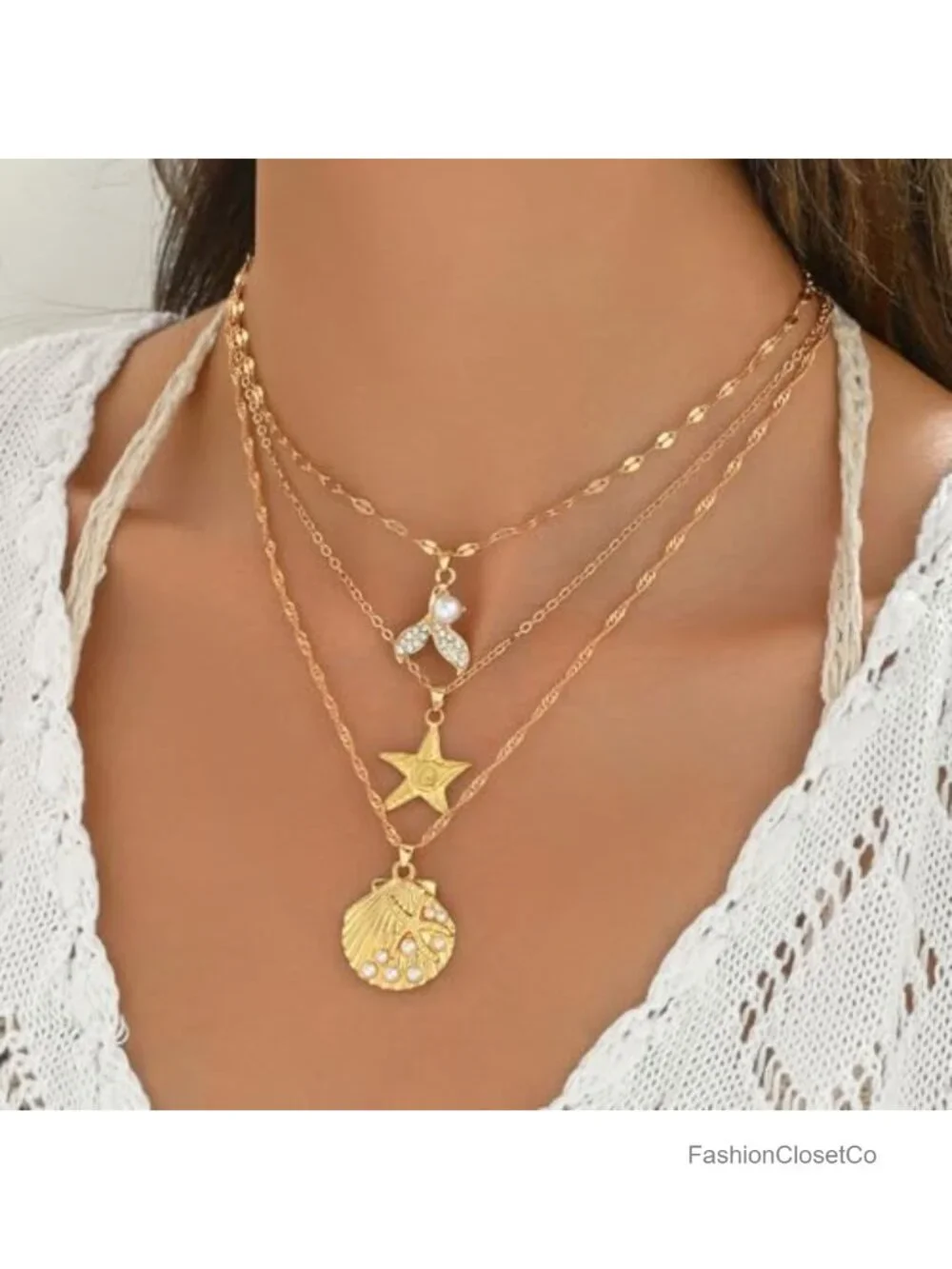 Layered Starfish Necklace for Women, Boho Shell Pearl Pendant, Summer Beach